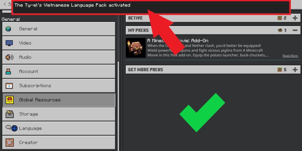 Hướng Dẫn Cài Đặt Gói Tiếng Việt Cho Minecraft PE/BE 3 kích hoạt gói tiếng việt